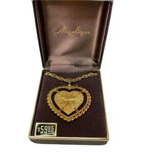 1970s Heart Rhinestone Pendant Necklace by Angelique-NOS MCM RARE Gold Tone